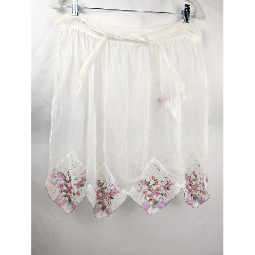 Vtg Handmade Sheer Floral Handkerchief Hem Half Apron Cottagecore Upcycled Fairy